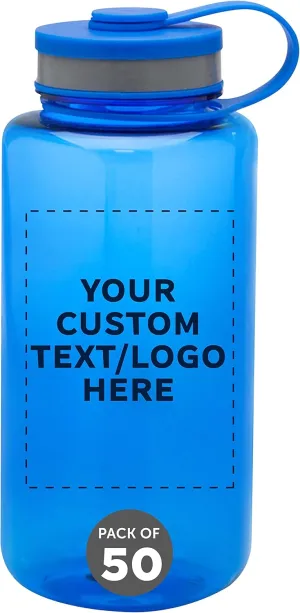 DISCOUNT PROMOS Custom Plastic Sports Water Bottles with Flip Lid 38 oz. Set of 50, Personalized Bulk Pack - Great for Gym, Hiking, Cycling, Camping, Backpacking, School - Blue