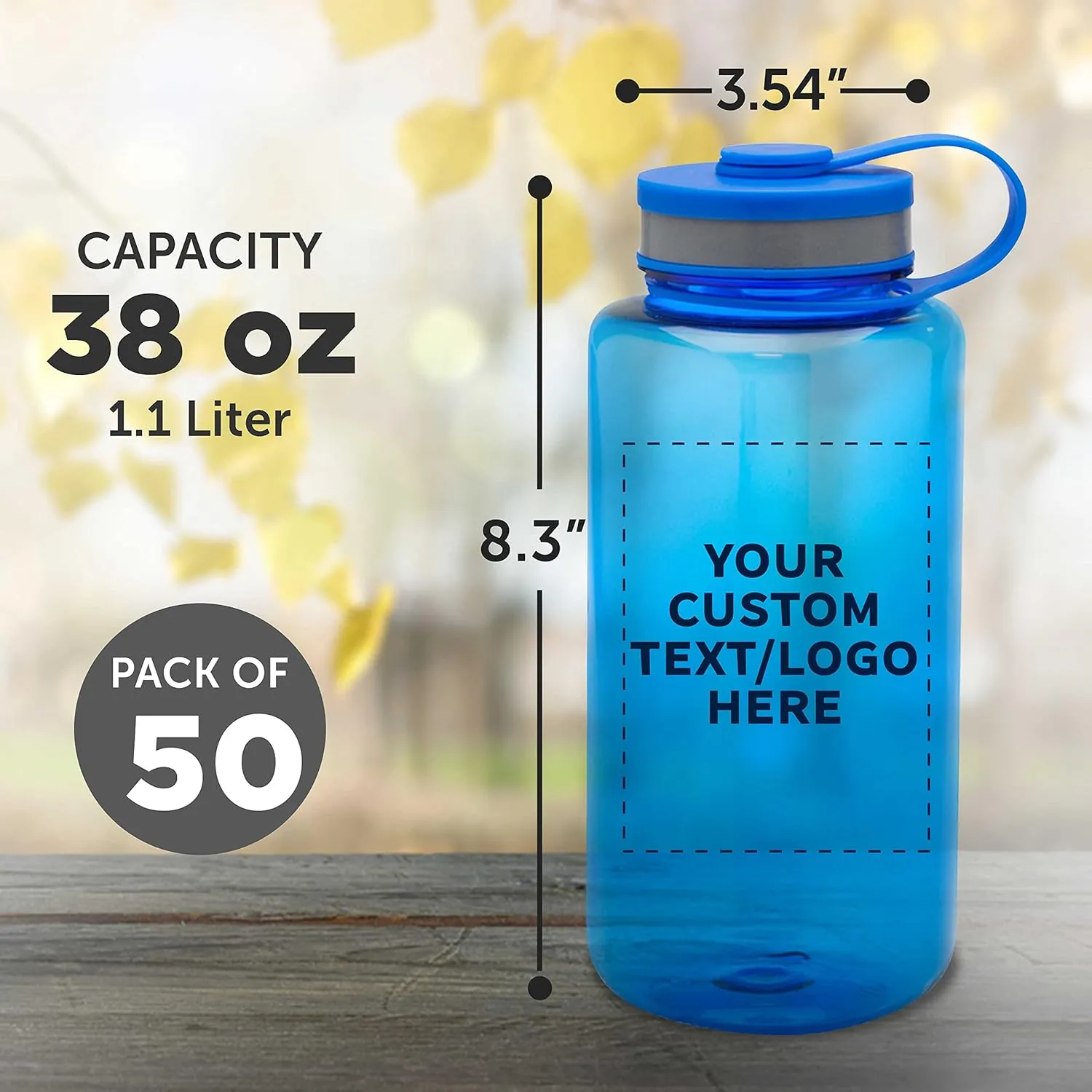 DISCOUNT PROMOS Custom Plastic Sports Water Bottles with Flip Lid 38 oz. Set of 50, Personalized Bulk Pack - Great for Gym, Hiking, Cycling, Camping, Backpacking, School - Blue