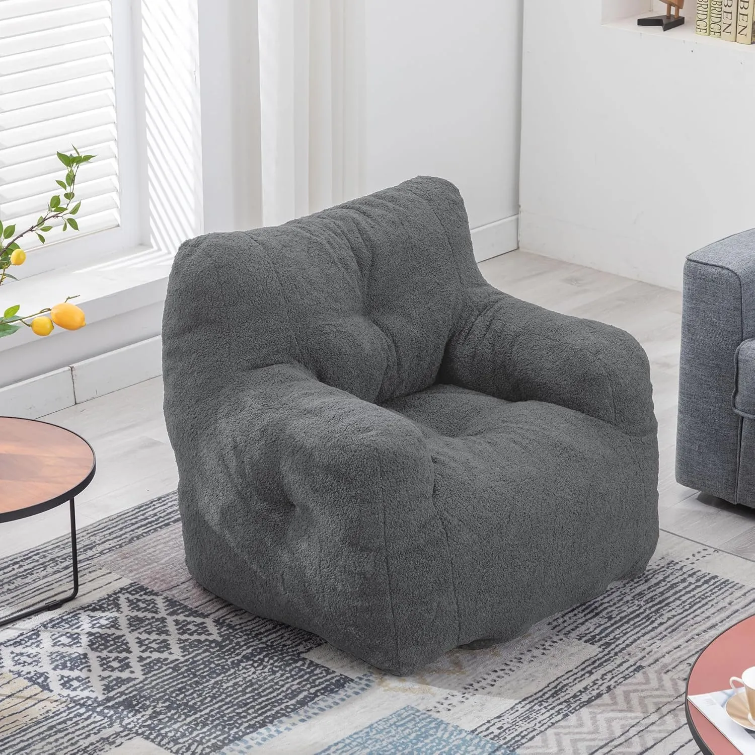 DKLGG Bean Bag Chair with Filler, Tufted Bean Bag Sofa, Fluffy Sherpa and Lazy Couch, Comfy Cozy BeanBag Chairs with Memory Foam for Living Room, Bedroom, Apartment (Grey)