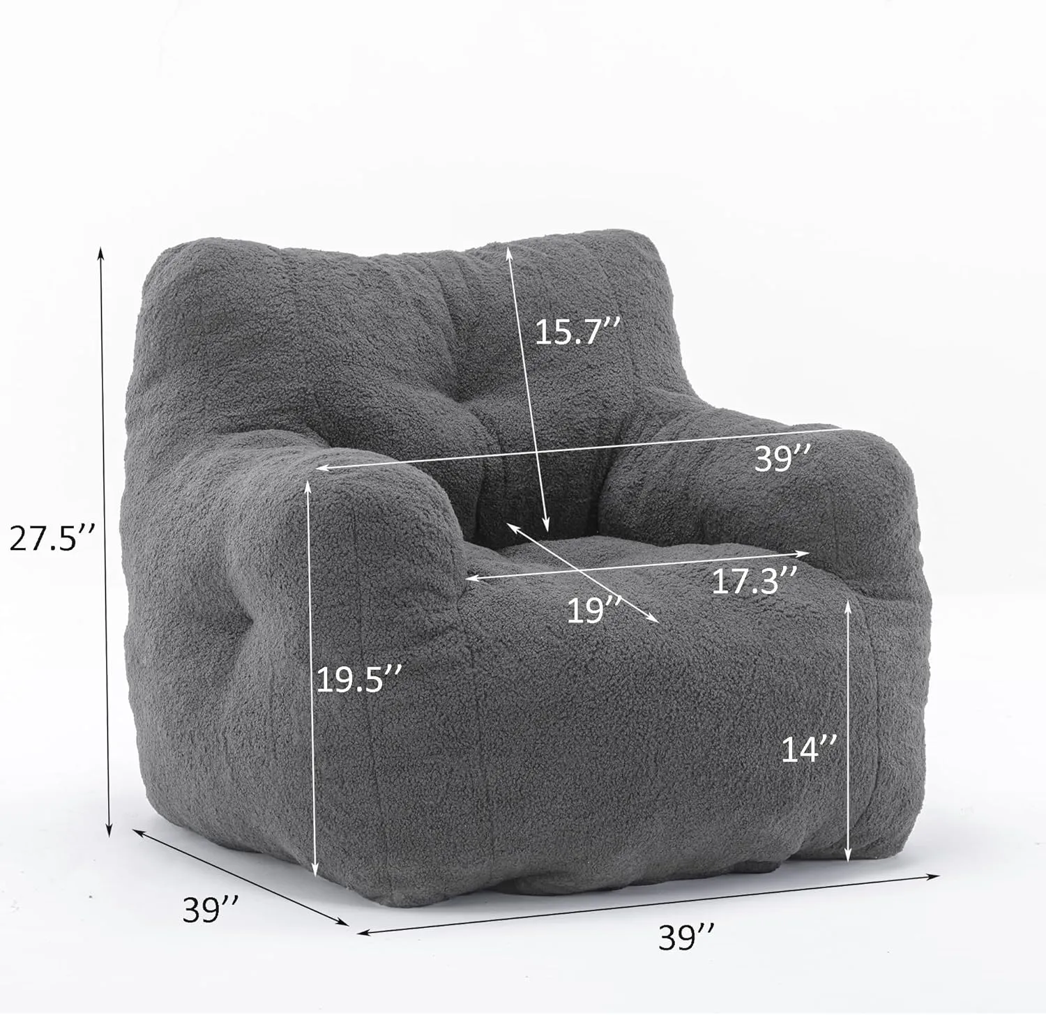 DKLGG Bean Bag Chair with Filler, Tufted Bean Bag Sofa, Fluffy Sherpa and Lazy Couch, Comfy Cozy BeanBag Chairs with Memory Foam for Living Room, Bedroom, Apartment (Grey)
