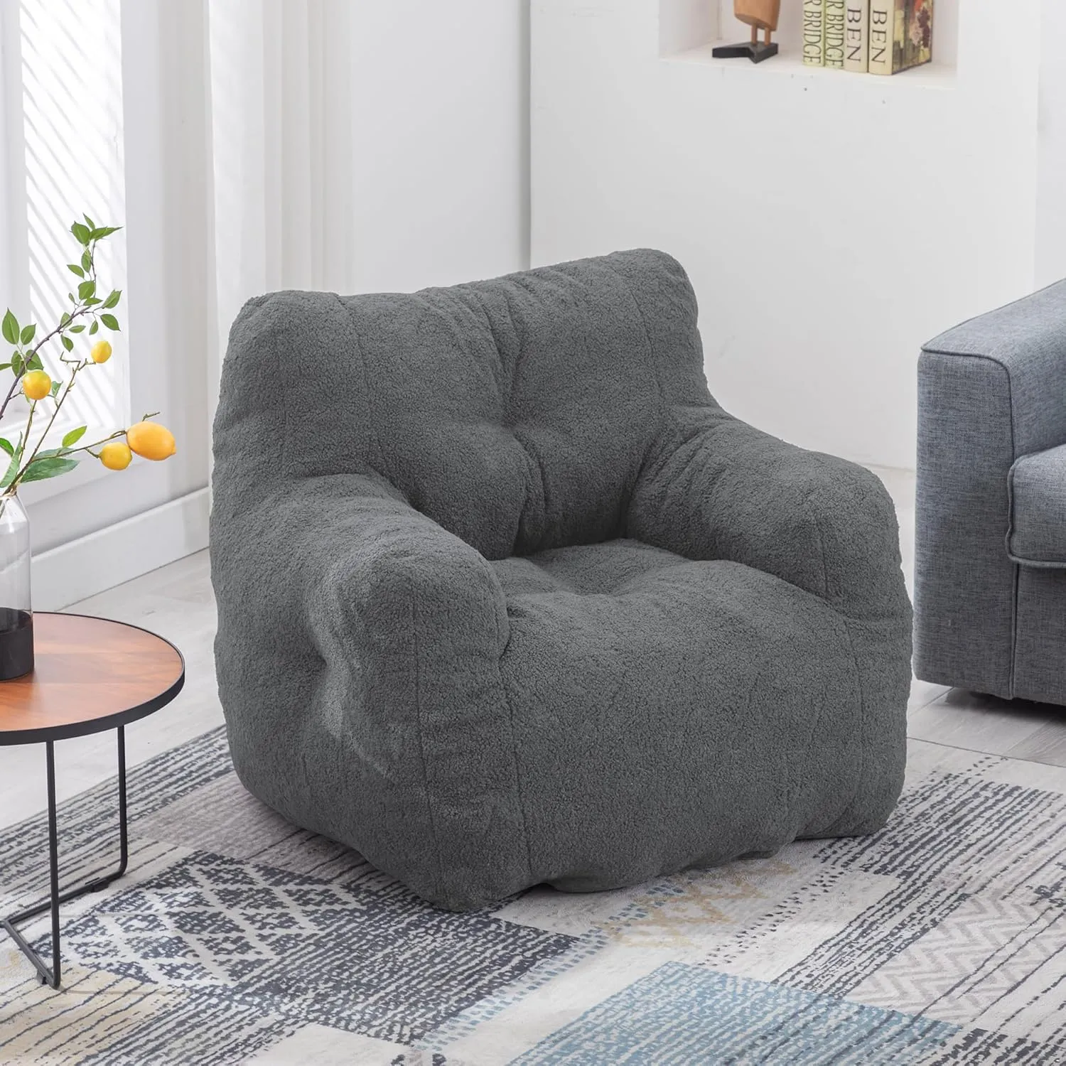 DKLGG Bean Bag Chair with Filler, Tufted Bean Bag Sofa, Fluffy Sherpa and Lazy Couch, Comfy Cozy BeanBag Chairs with Memory Foam for Living Room, Bedroom, Apartment (Grey)