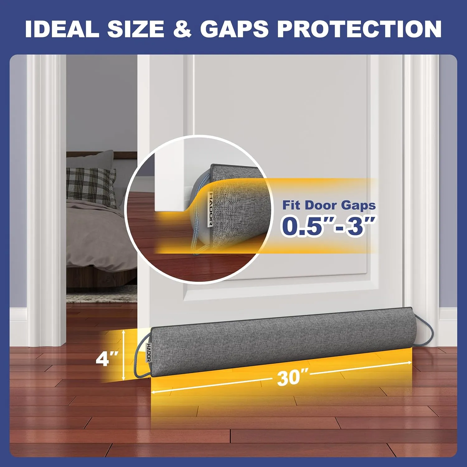 Door Draft Stopper 30 Inch, Weighted Under Door Snake Cold Air Noise Wind Blocker, Heavy Duty Sound Proof Bottom Filler Cover Gaps up to 3'', Winter Patio Sliding Window Pillow Guard Seal, Grey