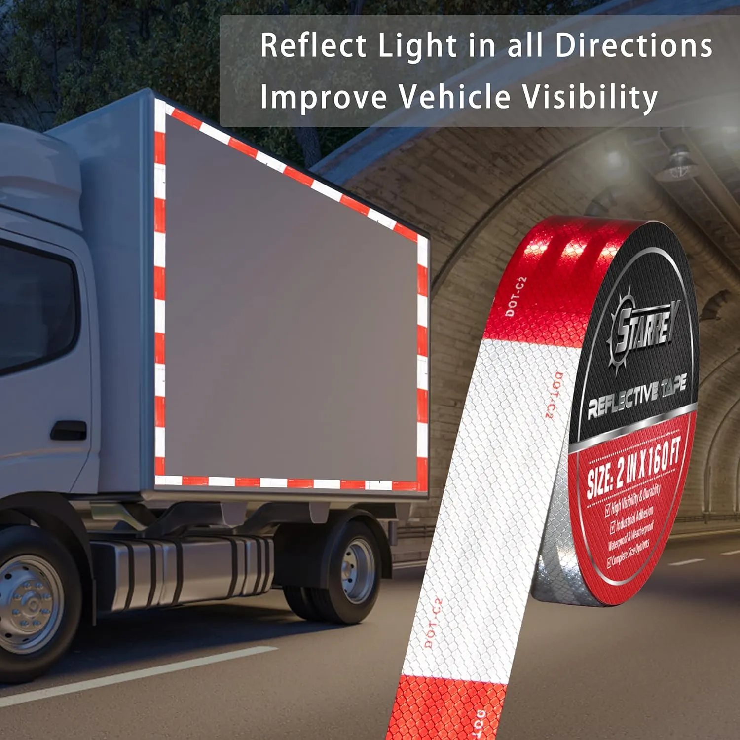 DOT-C2 Reflective Tape 2 in X 160 FT Red White Waterproof Self Adhesive Trailer Tape Outdoor Safety Caution Reflector Conspuicy for Trailers, Vehicles, Boats, Signs