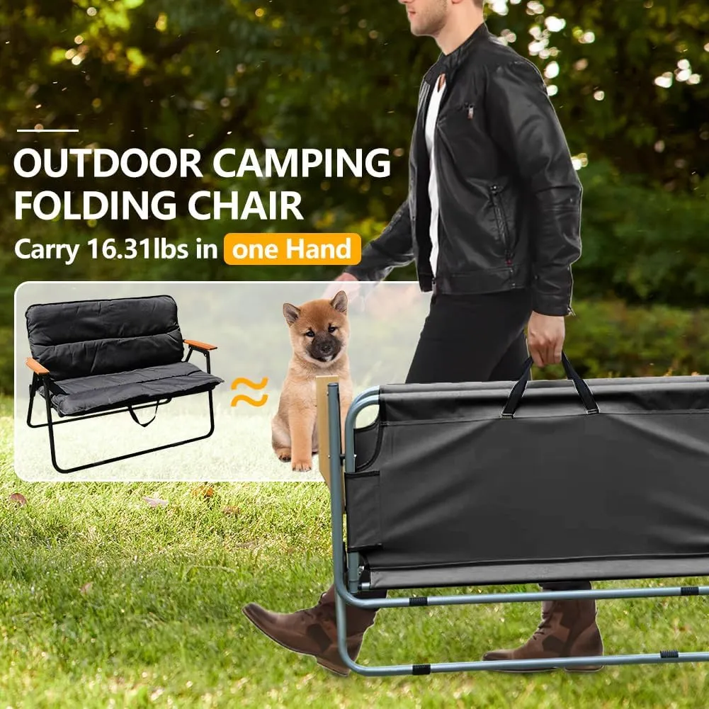Double Seat Folding Camping Chair, Portable Heavy Duty Outdoor Camping Chair,Suitable for 2 Adults, Wooden Armrests, with Seat Cushion, for Fishing, Travel, Lawn, Camping, Hiking, Black