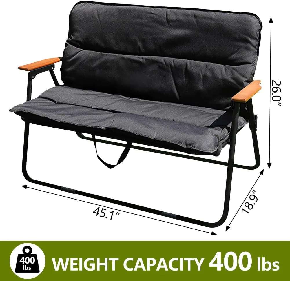 Double Seat Folding Camping Chair, Portable Heavy Duty Outdoor Camping Chair,Suitable for 2 Adults, Wooden Armrests, with Seat Cushion, for Fishing, Travel, Lawn, Camping, Hiking, Black