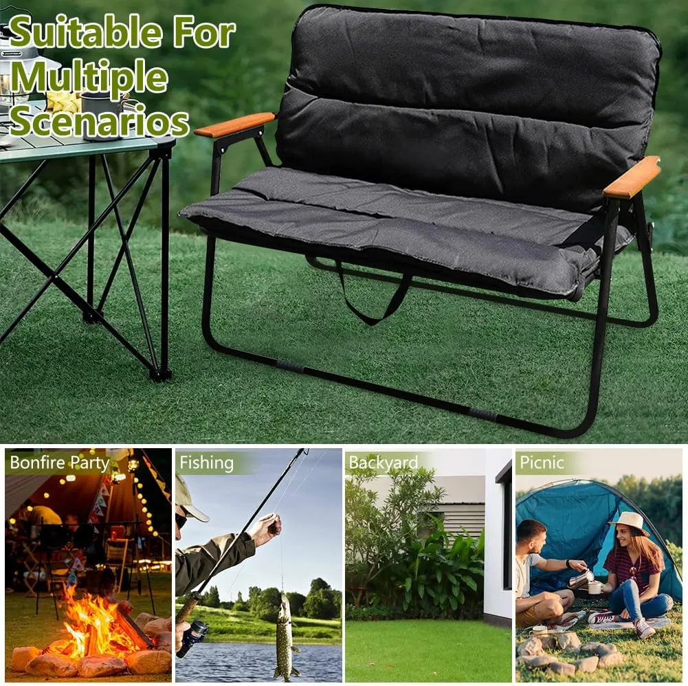 Double Seat Folding Camping Chair, Portable Heavy Duty Outdoor Camping Chair,Suitable for 2 Adults, Wooden Armrests, with Seat Cushion, for Fishing, Travel, Lawn, Camping, Hiking, Black