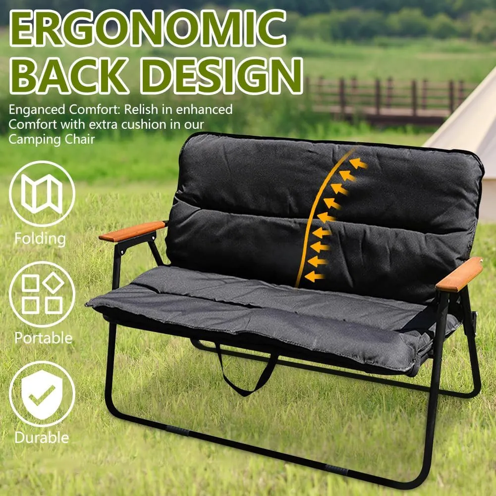 Double Seat Folding Camping Chair, Portable Heavy Duty Outdoor Camping Chair,Suitable for 2 Adults, Wooden Armrests, with Seat Cushion, for Fishing, Travel, Lawn, Camping, Hiking, Black