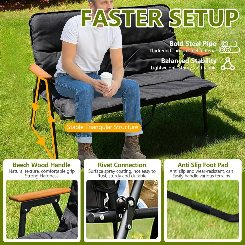 Double Seat Folding Camping Chair, Portable Heavy Duty Outdoor Camping Chair,Suitable for 2 Adults, Wooden Armrests, with Seat Cushion, for Fishing, Travel, Lawn, Camping, Hiking, Black