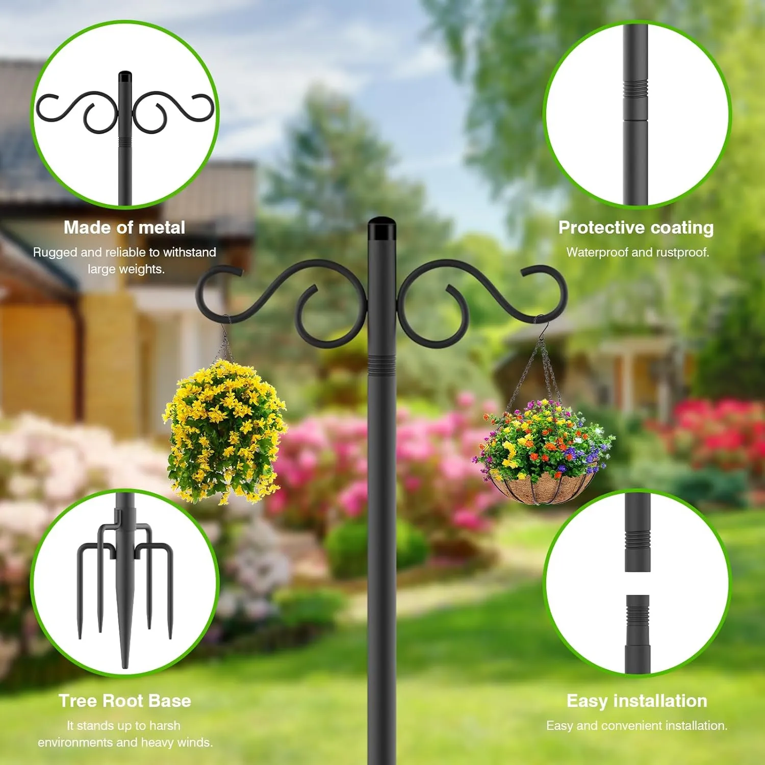 Double Shepherds Hooks for Outdoor,2 Pack 90 Inch Bird Feeder Pole with 5 Prongs Base,Heavy Duty Shepherds Hook,Suitable for Garden in Hanging Flower Basket,Lantern,Bird Nests (90 Inch)