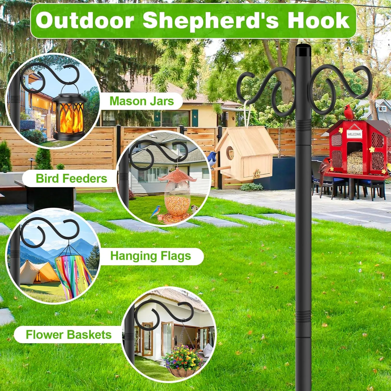 Double Shepherds Hooks for Outdoor,2 Pack 90 Inch Bird Feeder Pole with 5 Prongs Base,Heavy Duty Shepherds Hook,Suitable for Garden in Hanging Flower Basket,Lantern,Bird Nests (90 Inch)