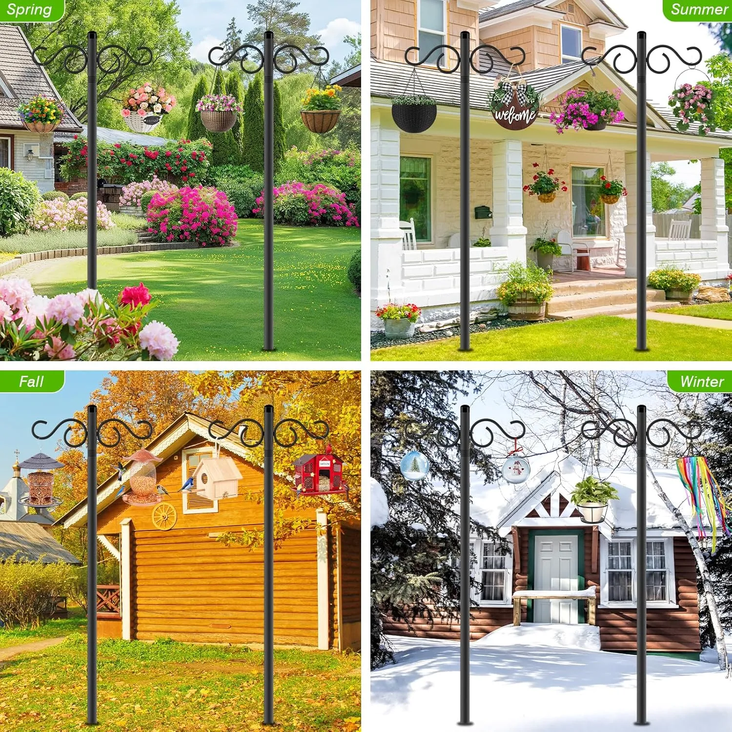 Double Shepherds Hooks for Outdoor,2 Pack 90 Inch Bird Feeder Pole with 5 Prongs Base,Heavy Duty Shepherds Hook,Suitable for Garden in Hanging Flower Basket,Lantern,Bird Nests (90 Inch)