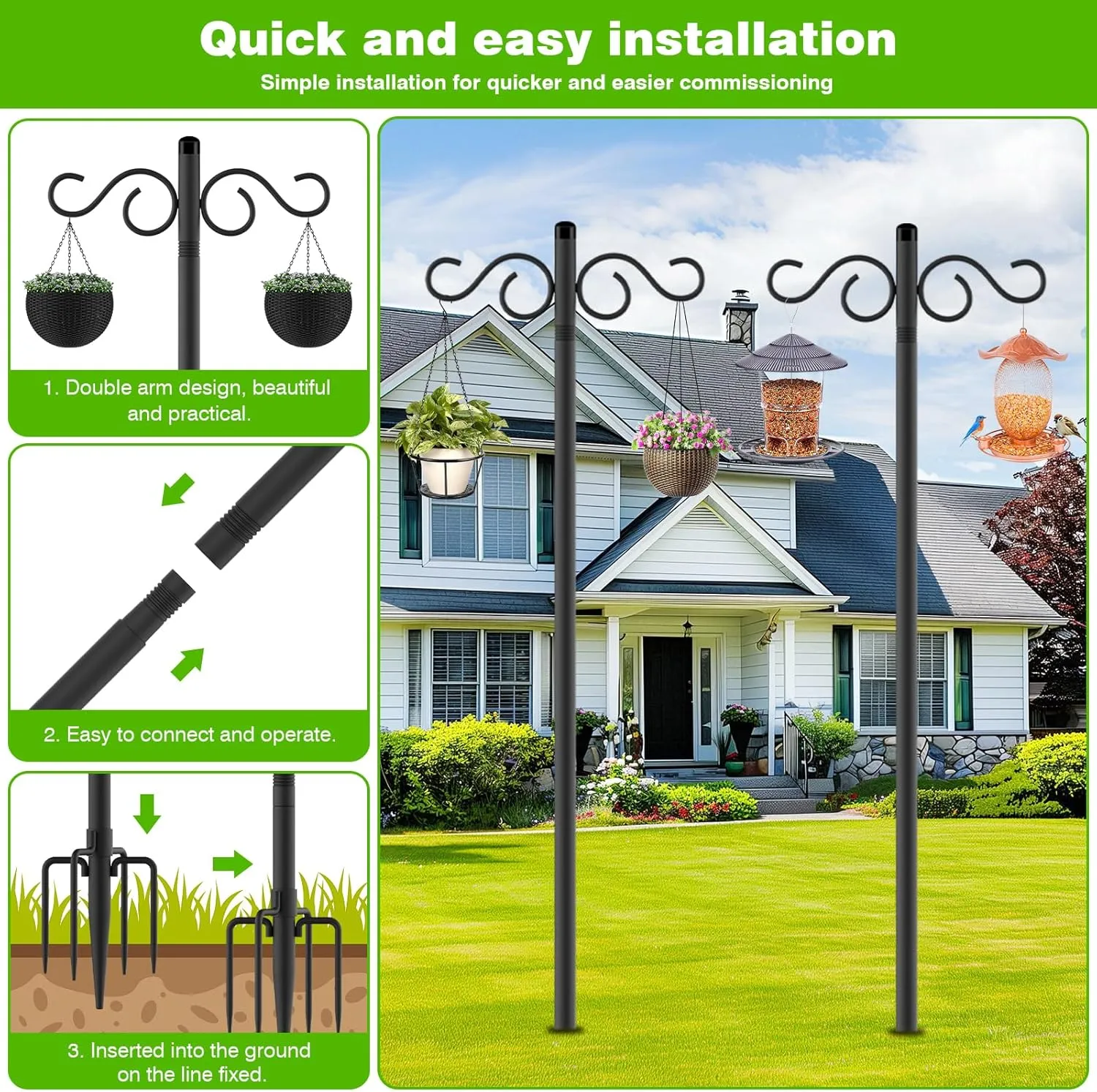 Double Shepherds Hooks for Outdoor,2 Pack 90 Inch Bird Feeder Pole with 5 Prongs Base,Heavy Duty Shepherds Hook,Suitable for Garden in Hanging Flower Basket,Lantern,Bird Nests (90 Inch)