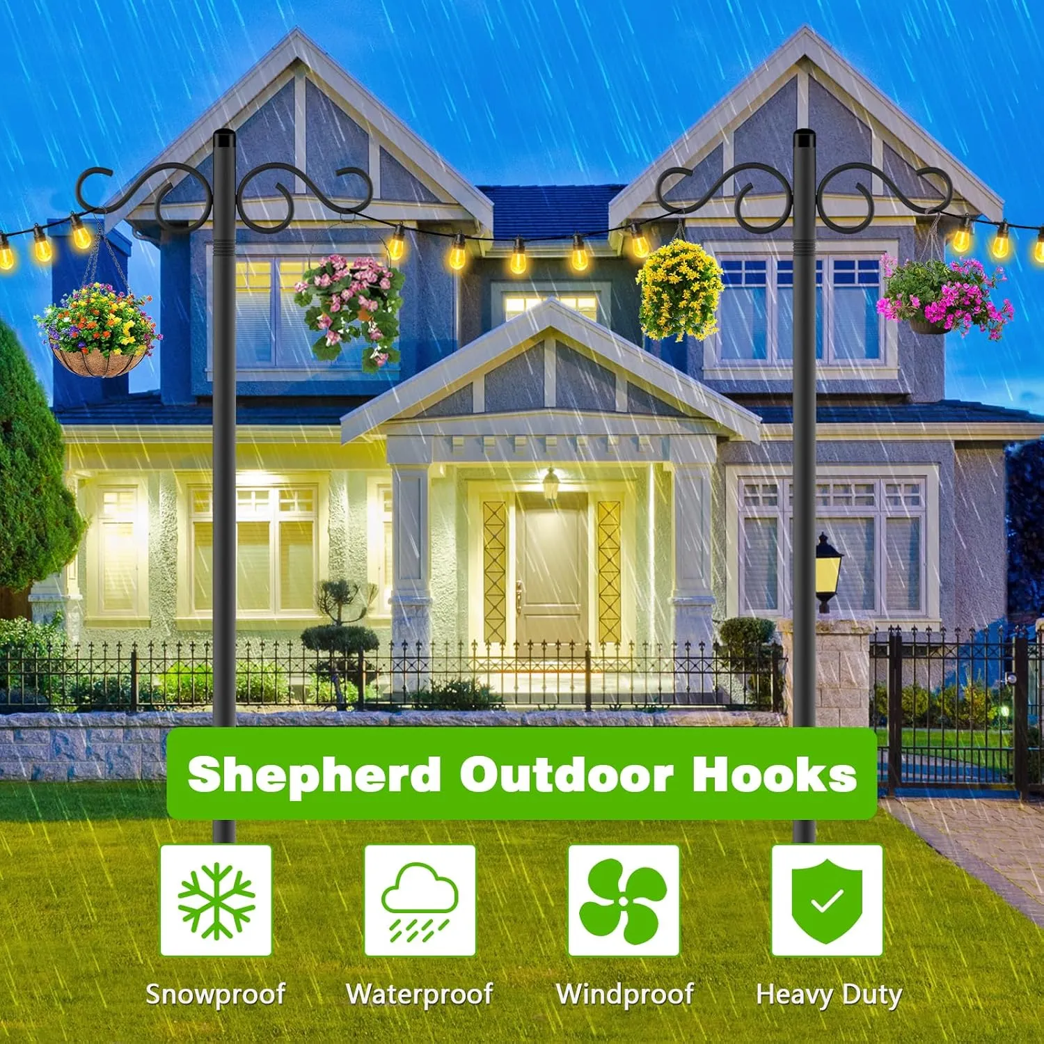 Double Shepherds Hooks for Outdoor,2 Pack 90 Inch Bird Feeder Pole with 5 Prongs Base,Heavy Duty Shepherds Hook,Suitable for Garden in Hanging Flower Basket,Lantern,Bird Nests (90 Inch)