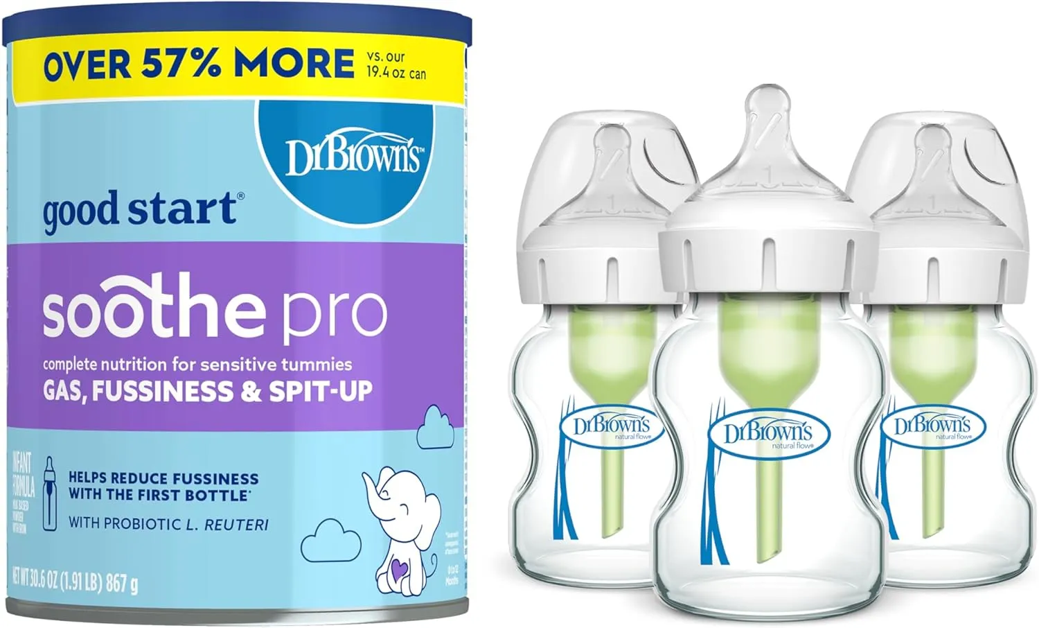 Dr. Brown's Good Start Baby Formula Powder, 30.6 Ounce & Natural Flow Anti-Colic Options  Wide-Neck Glass Baby Bottles 5 oz/150 mL, with Level 1 Slow Flow Nipple, 3 Pack, 0m 