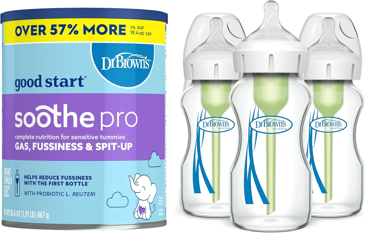 Dr. Brown's Good Start Baby Formula Powder, 30.6 Ounce & Natural Flow Anti-Colic Options  Wide-Neck Glass Baby Bottles 9 oz/270 mL, with Level 1 Slow Flow Nipple, 3 Pack, 0m 