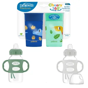 Dr. Brown's Milestones Cheers 360 Cup Spoutless Transition Cup & Milestones Wide-Neck Sippy Spout Bottle with 100% Silicone Handles