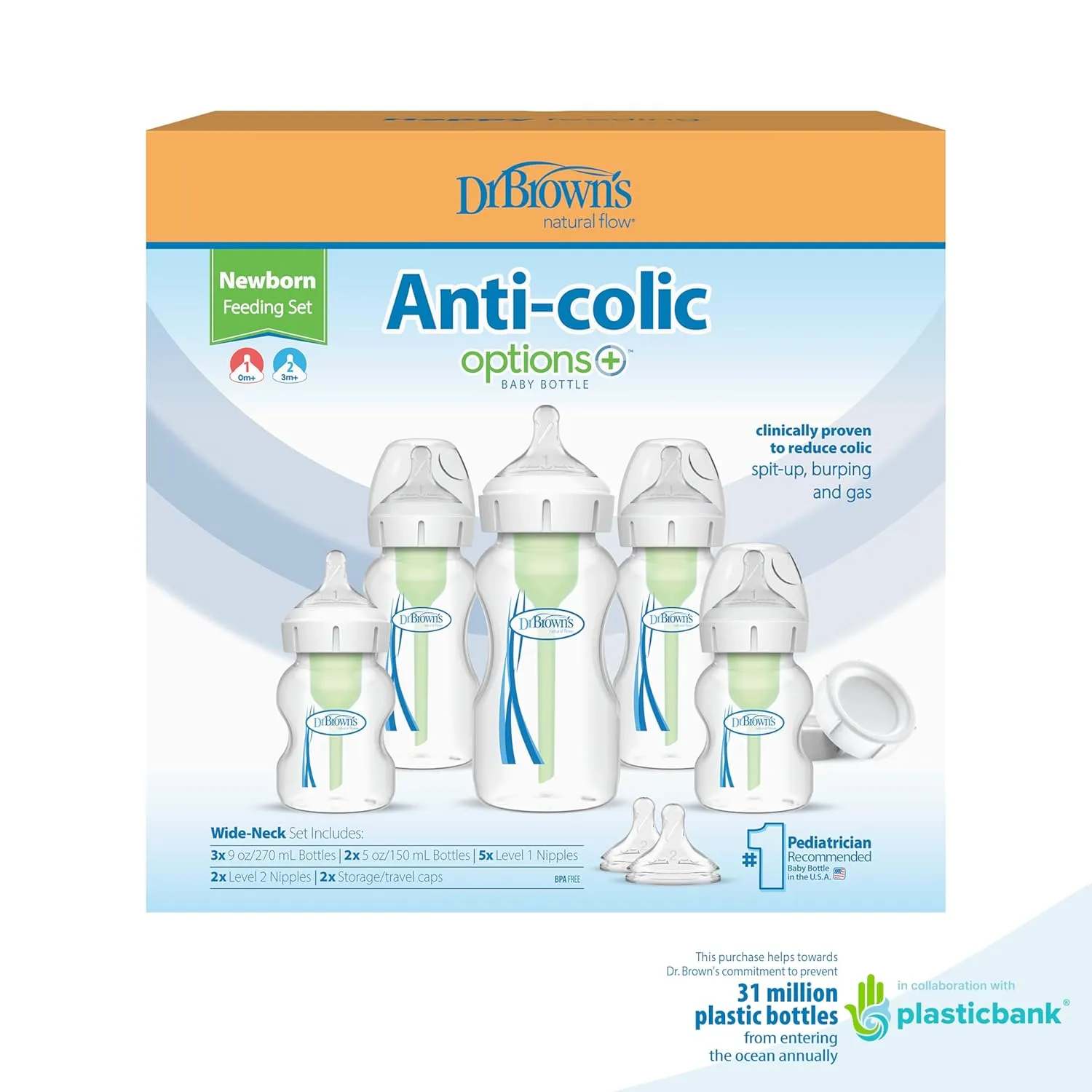 Dr. Brown's Natural Flow Anti-Colic Options  Wide-Neck Baby Bottle Newborn Feeding Set with Baby Bottle Travel Caps