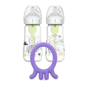 Dr. Brown’s Natural Flow® Anti-Colic Options ™ Wide-Neck Baby Bottle, Ocean Design, 9 oz/270 mL, Level 1 Nipple, 2-Pack, 0m  with Flexees Friends Silicone Teether, Purple Octopus