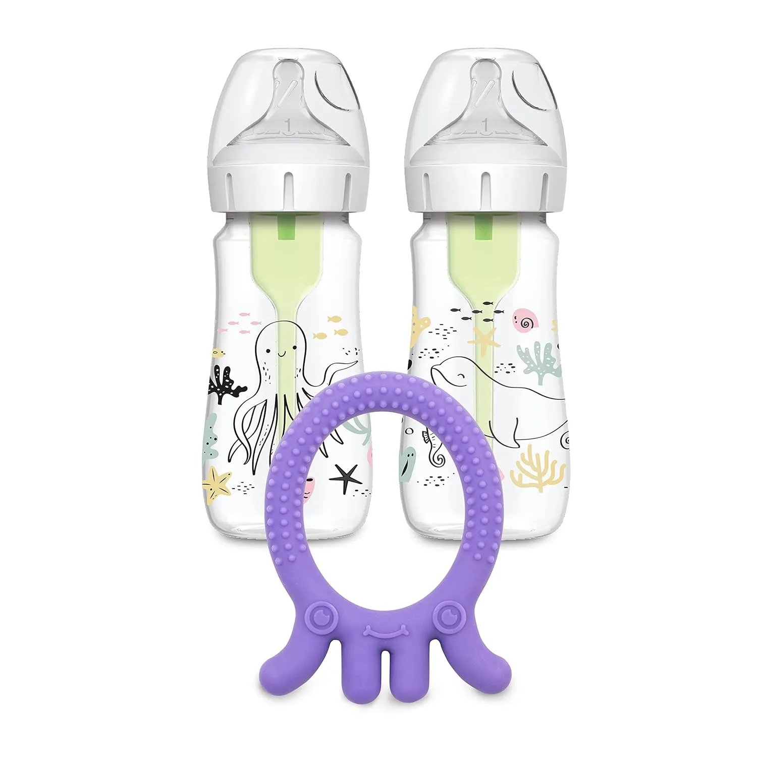 Dr. Brown’s Natural Flow® Anti-Colic Options ™ Wide-Neck Baby Bottle, Ocean Design, 9 oz/270 mL, Level 1 Nipple, 2-Pack, 0m  with Flexees Friends Silicone Teether, Purple Octopus