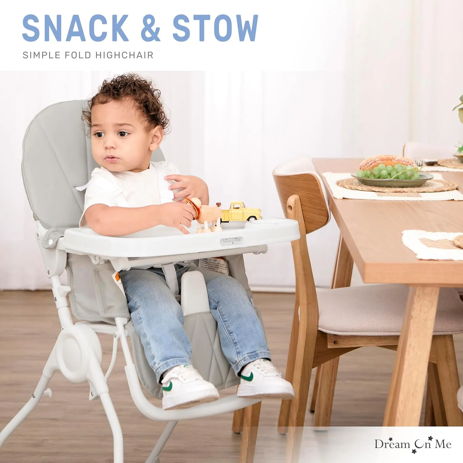 Dream On Me Snack and Stow Baby high Chair in Koala Gray, Easy to fold and Store Travel high Chair, Removable and Three Position Adjustable Tray Portable high Chair