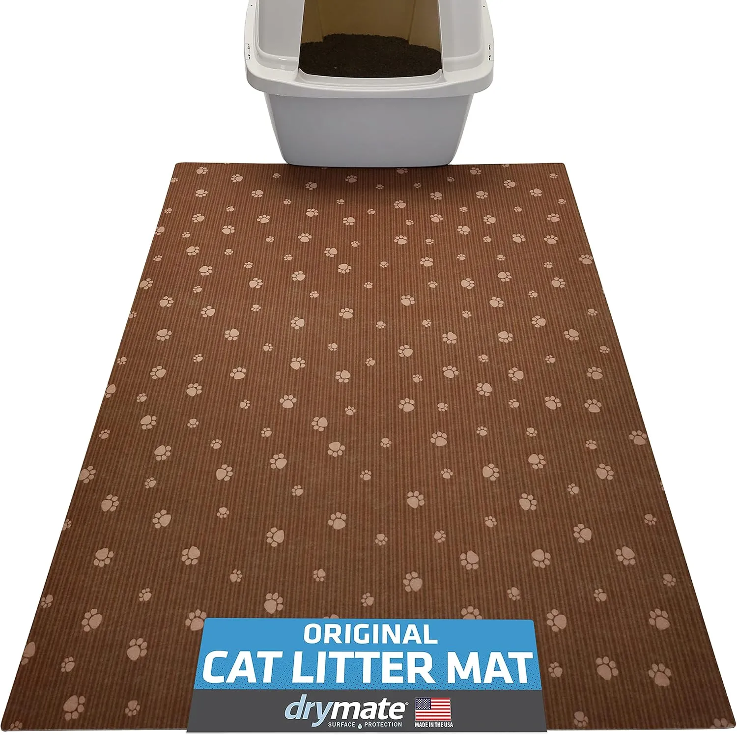 Drymate Original Cat Litter Mat, Contains Mess from Box, Protects Floors, Urine-Proof, Machine Washable, Soft on Kitty Paws, Absorbent, Waterproof (USA Made, Recycled Content) (28”x36”)(BrownTanPaw)