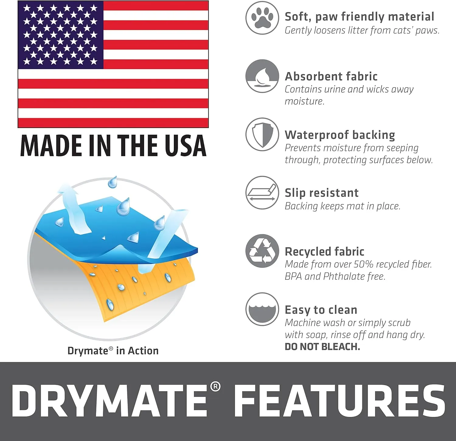 Drymate Original Cat Litter Mat, Contains Mess from Box, Protects Floors, Urine-Proof, Machine Washable, Soft on Kitty Paws, Absorbent, Waterproof (USA Made, Recycled Content) (28”x36”)(BrownTanPaw)