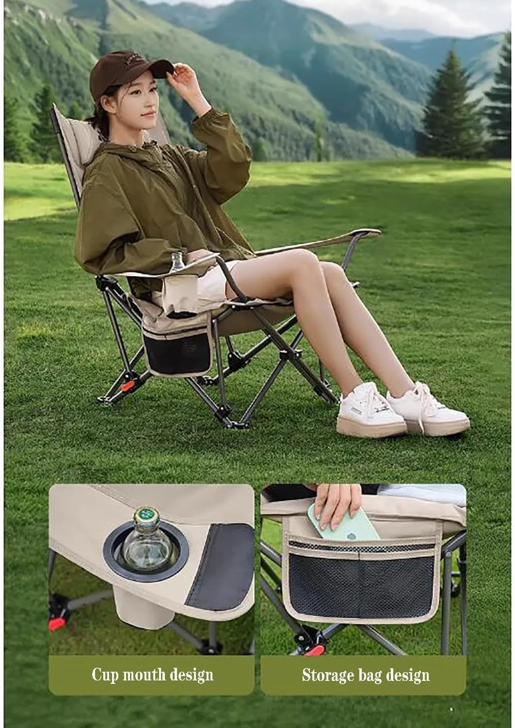 Dual Purpose Portable Folding Camping Cot and Chair, Easy-to-Assemble Four Gear Adjustable Sleeping Chair, Outside Folding Lawn Chairs with Removable Footrest Headrest Storage Bag