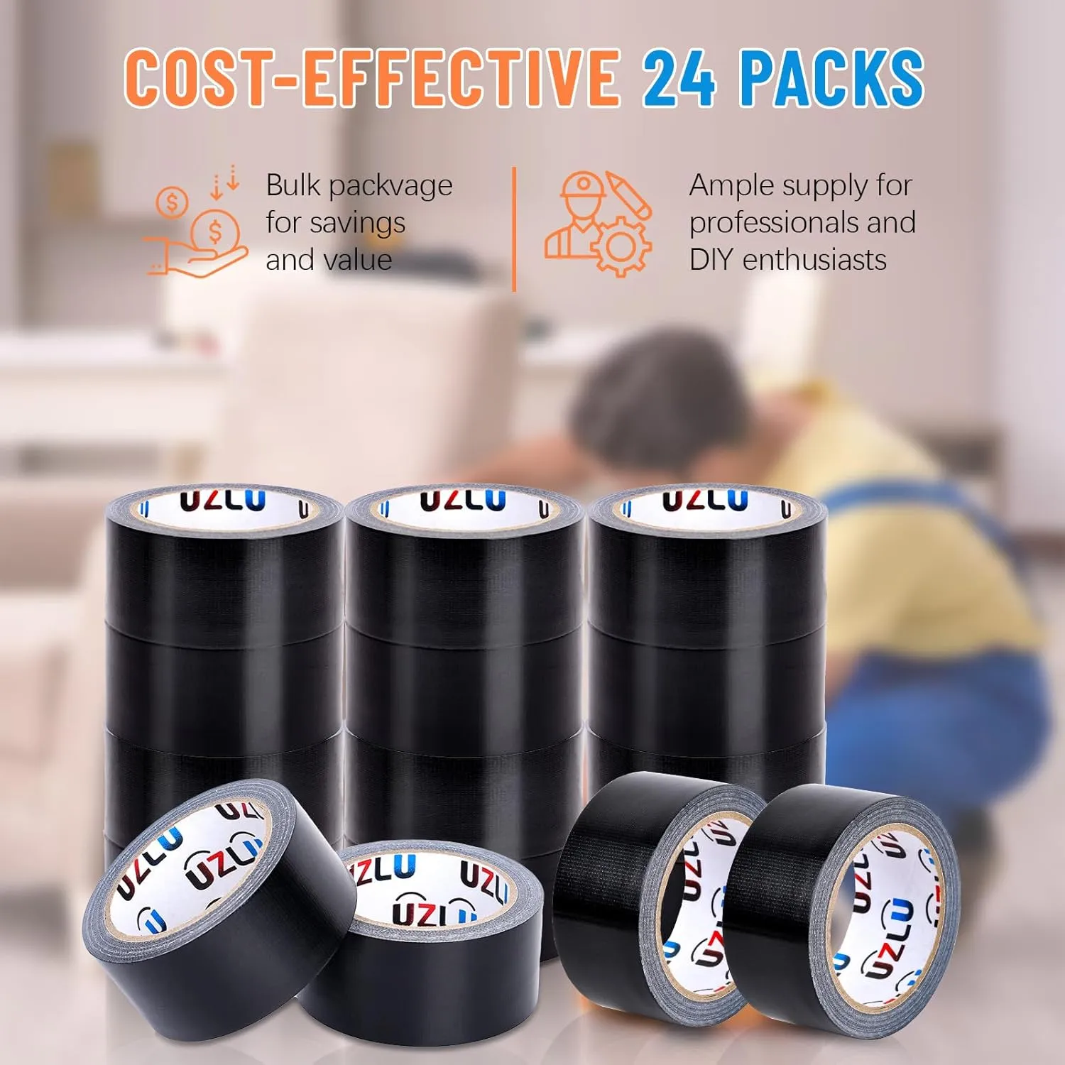 Duct Tape Bulk, Black Duct Tape Heavy Duty, 24 Rolls x 20 Yard x 1.88 Inch Per Roll, Flexible, No Residue, All-Weather and Tear by Hand, Bulk Value for Indoor & Outdoor Repairs, Industrial Use