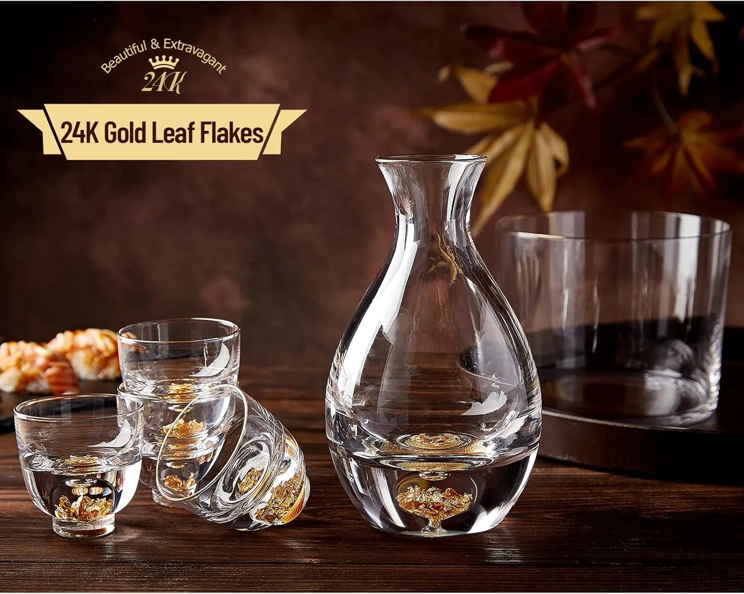DUJUST Sake Set for 4, Crystal Sake Glass Decorated with 24K Gold Leaf Flakes, 1 Sake Bottle, 1 Sake Tank and 4 Sake Cups/Shot Glass, Cold Sake Carafe, Beautiful & Luxury Japanese Gifts Set - 6 pcs