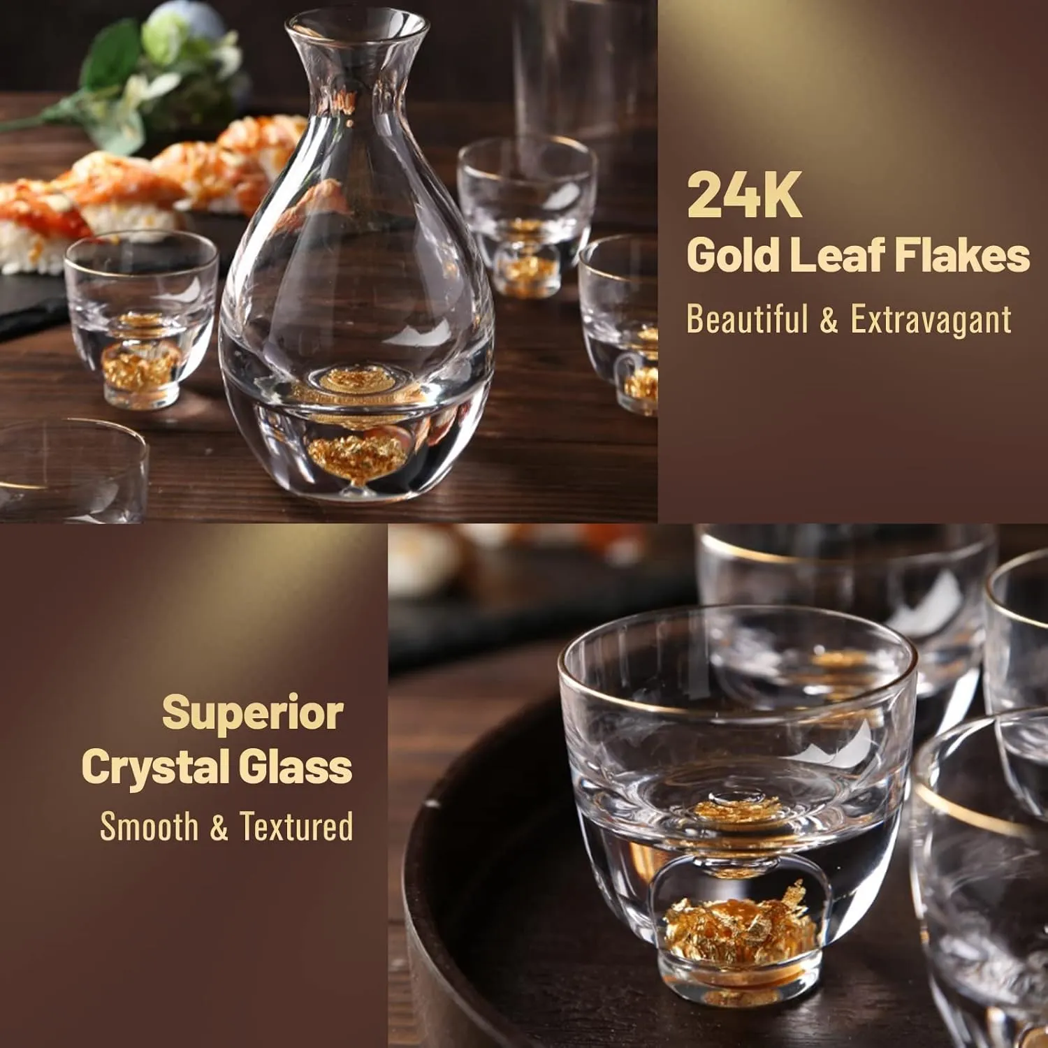 DUJUST Sake Set for 4, Crystal Sake Glass Decorated with 24K Gold Leaf Flakes, 1 Sake Bottle, 1 Sake Tank and 4 Sake Cups/Shot Glass, Cold Sake Carafe, Beautiful & Luxury Japanese Gifts Set - 6 pcs