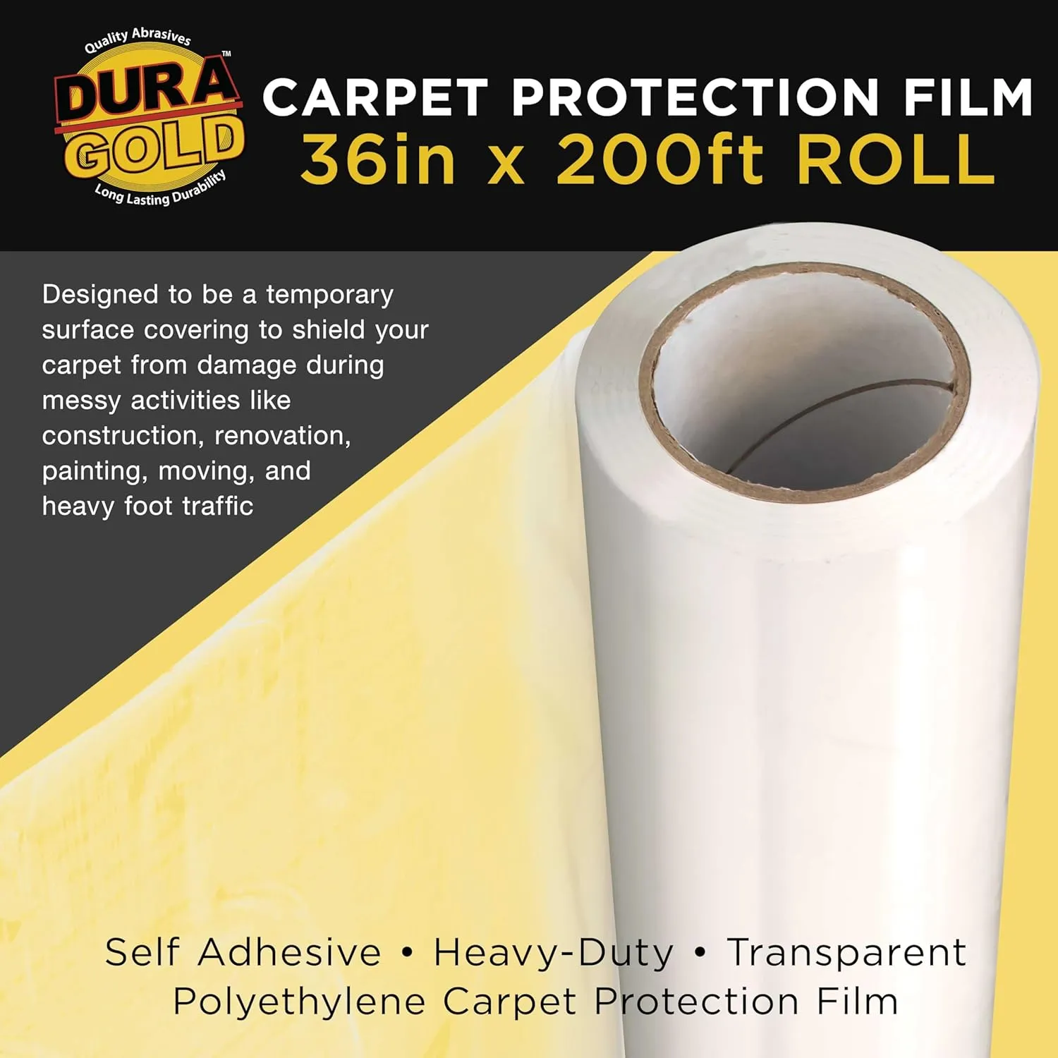 Dura-Gold Carpet Protection Film, 36-inch x 200' Roll - Clear Self Adhesive Temporary Carpet Protective Covering Tape - Protect Against Foot Traffic, Paint Spills, Dust, Construction Debris, Moving