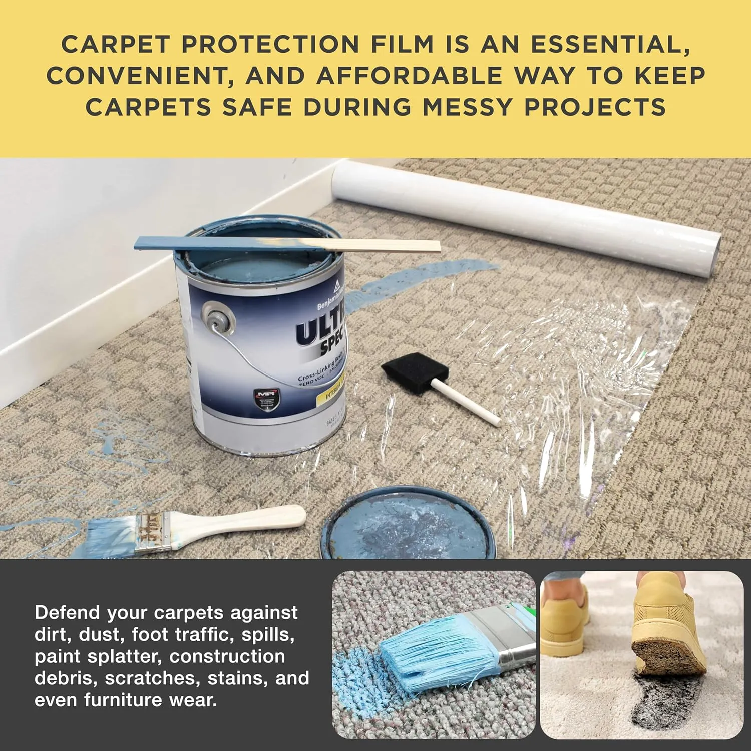 Dura-Gold Carpet Protection Film, 36-inch x 200' Roll - Clear Self Adhesive Temporary Carpet Protective Covering Tape - Protect Against Foot Traffic, Paint Spills, Dust, Construction Debris, Moving