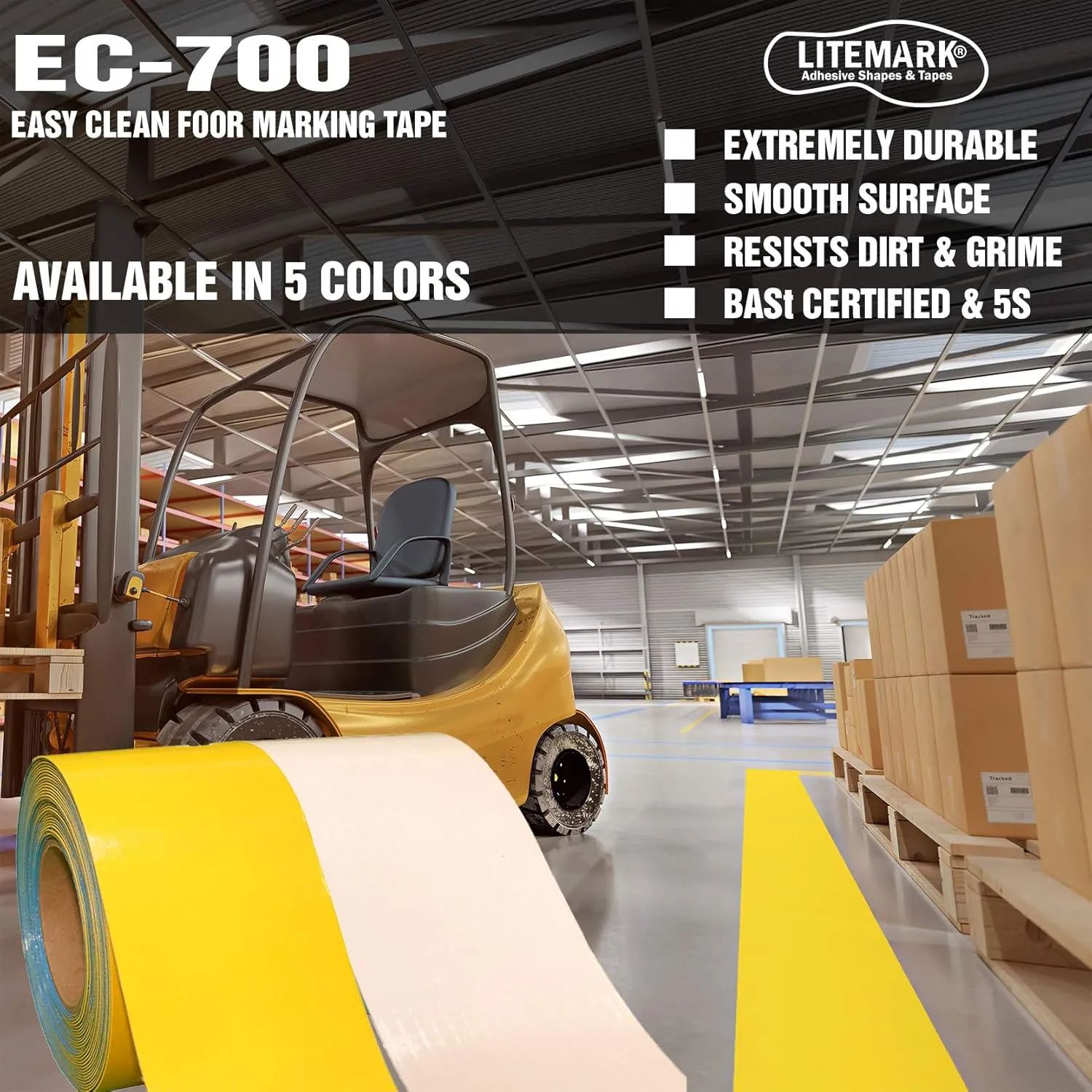 DuraMark Floor Marking Tape, Smooth Surface EC-700, Heavy Duty Thick, Easy to Keep Clean, for Warehouse, Industrial Floors, Yellow (4 Inches by 36 Feet)