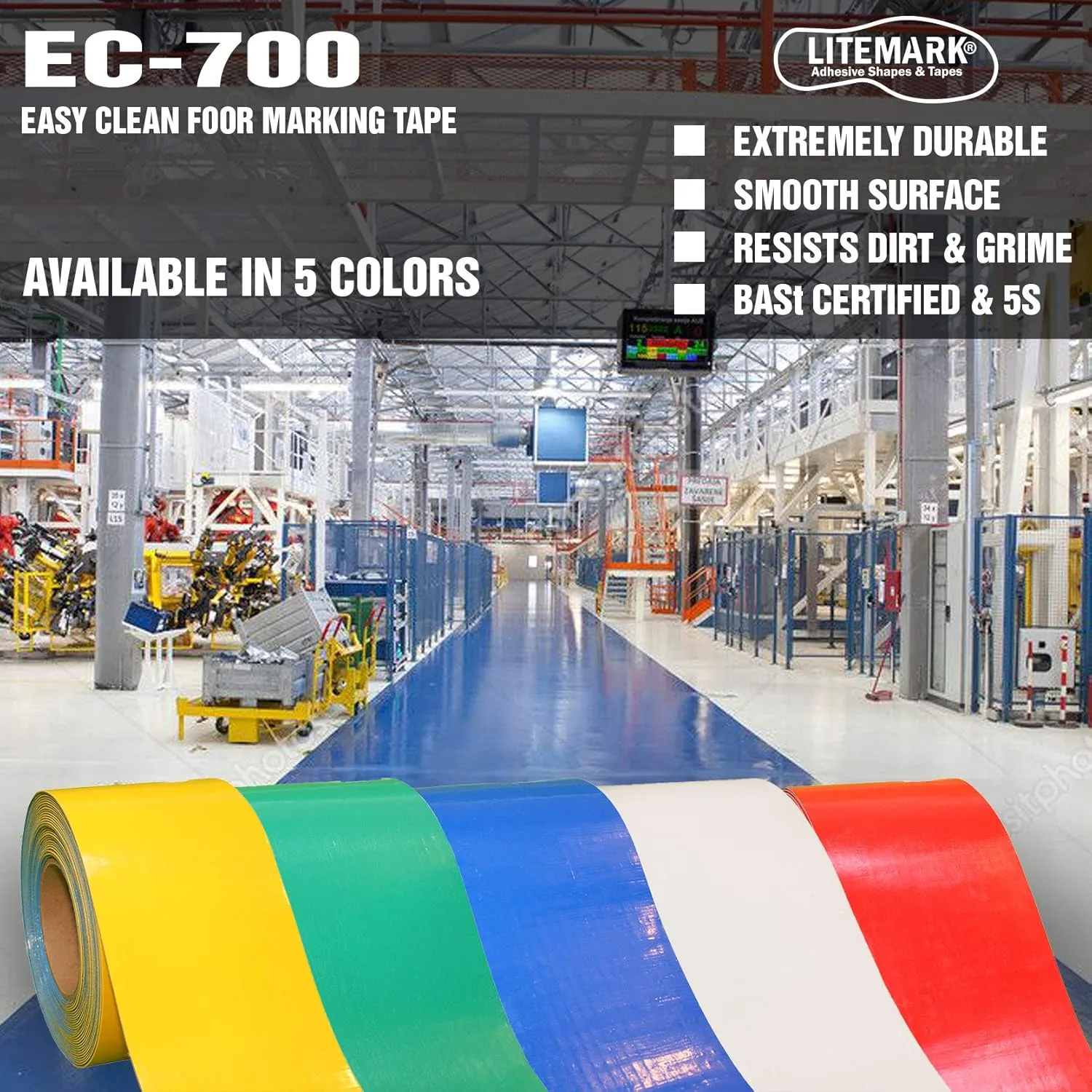 DuraMark Floor Marking Tape, Smooth Surface EC-700, Heavy Duty Thick, Easy to Keep Clean, for Warehouse, Industrial Floors, Yellow (4 Inches by 36 Feet)
