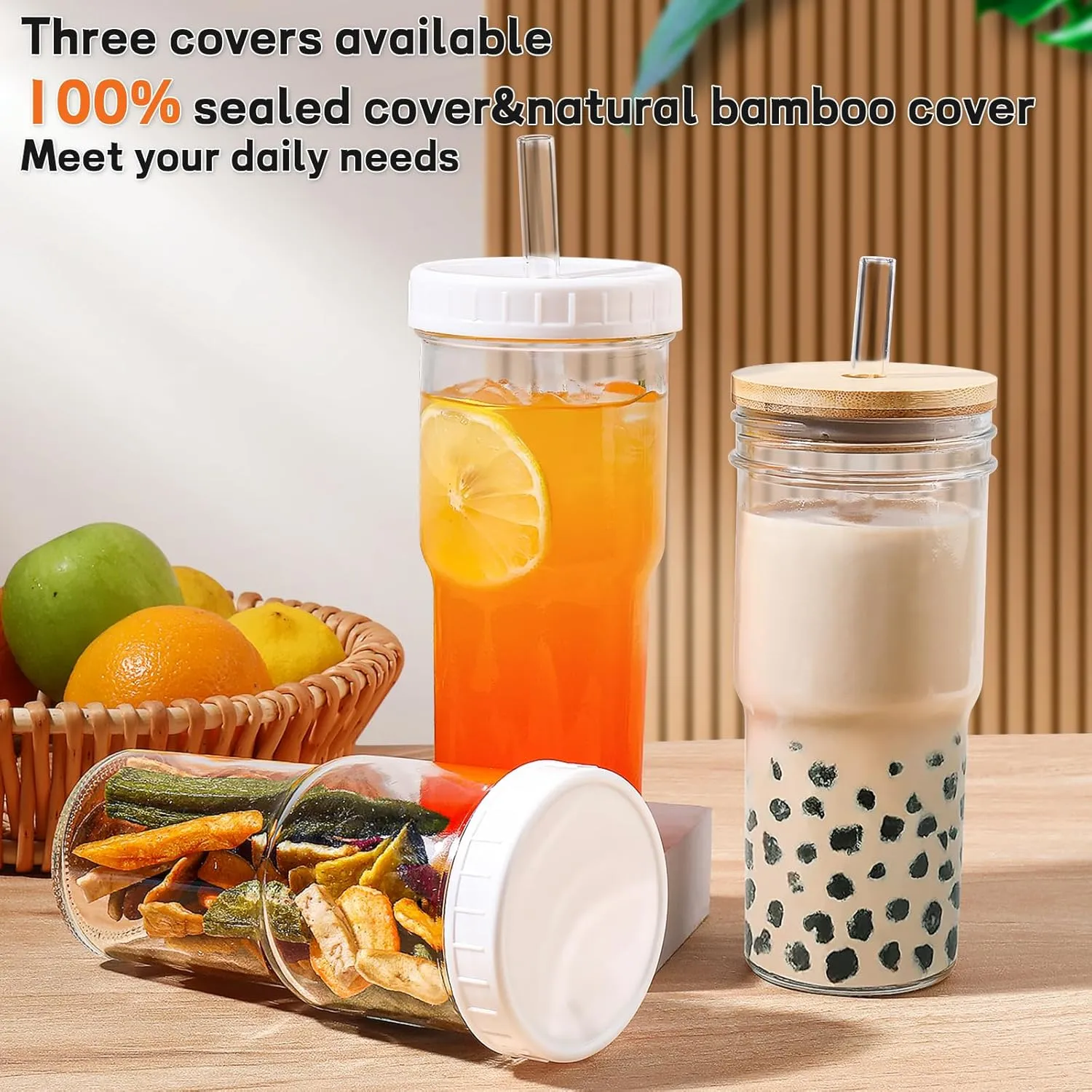 DWTS DANWEITESI Mason Jar with Lid and Straw,24 oz Iced Coffee Cup with Bamboo Lid and Straw,Boba Cups Smoothie Tumbler-Wide Mouth Reusable Glass Cups with Lid and Straws【4 Pack】
