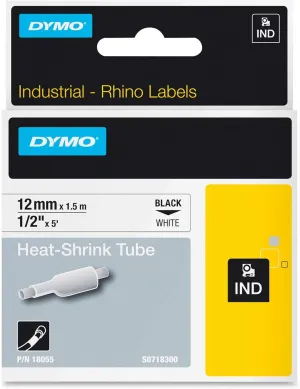 Dymo 18055 Rhino Heat Shrink Tubes Industrial Label Tape, 1/2-Inch X 5 Ft, White/Black Print