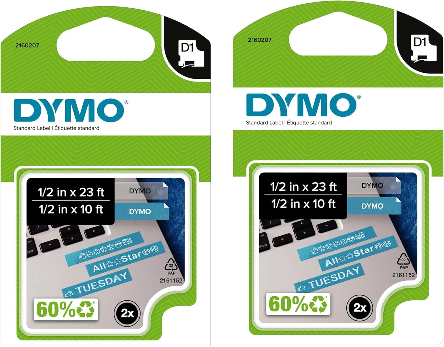 DYMO Authentic D1 Labels, 1/2-Inch x 23-Foot Roll, Black Print on White, Self-Adhesive, For LabelManager Label Makers, 2-Pack