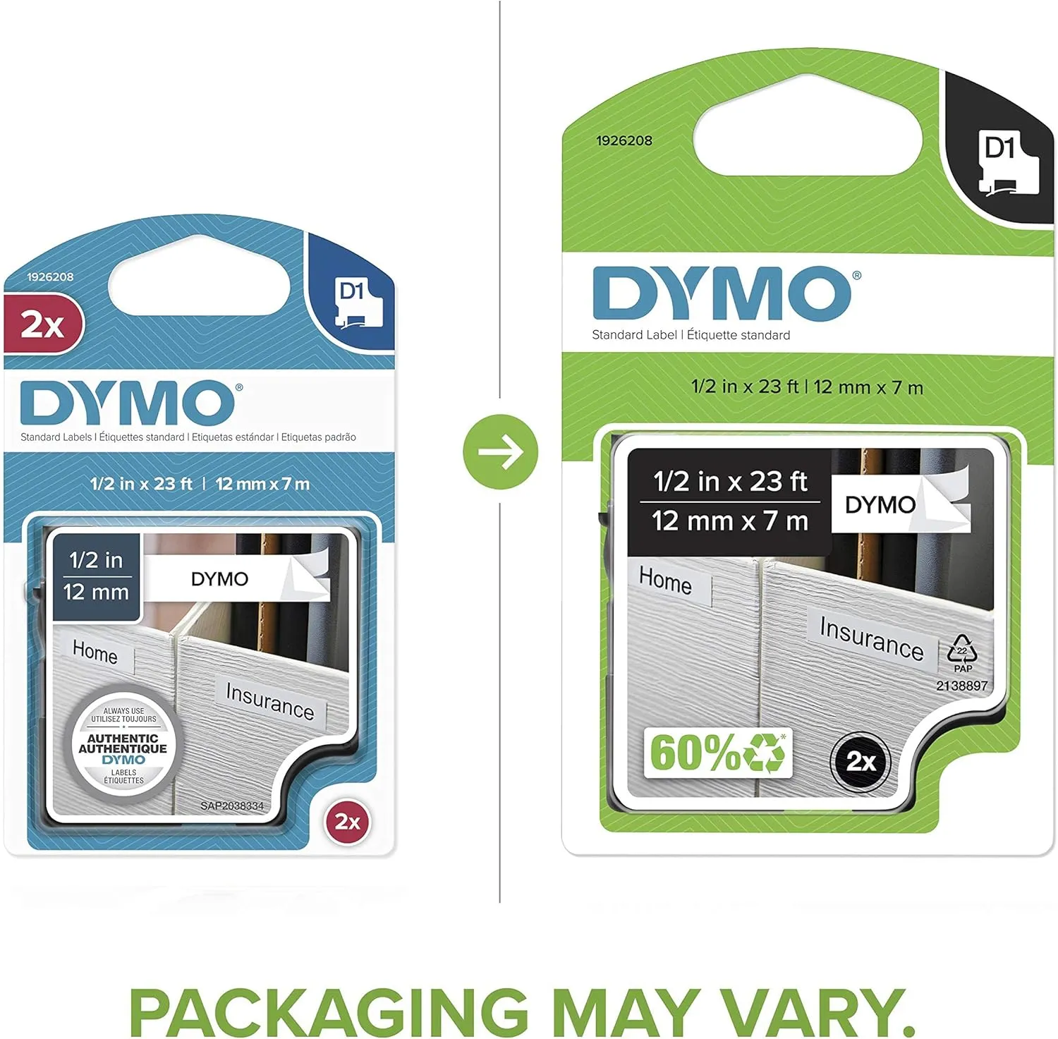 DYMO Authentic D1 Labels, 1/2-Inch x 23-Foot Roll, Black Print on White, Self-Adhesive, For LabelManager Label Makers, 2-Pack