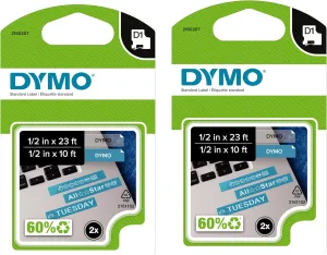 DYMO Authentic D1 Labels, 1/2-Inch x 23-Foot Roll, Black Print on White, Self-Adhesive, For LabelManager Label Makers, 2-Pack