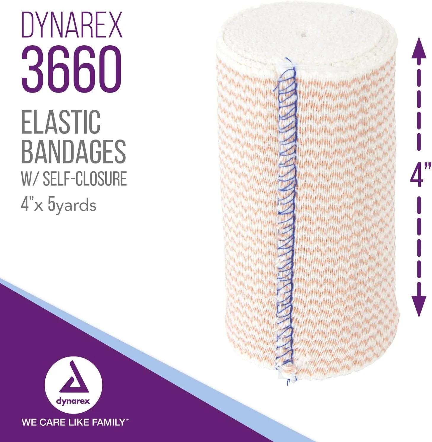Dynarex 3660 Elastic Bandage with Self-Closure, 4" x 5 yds, Provides Compression for Injuries, Cotton, and Spandex, Non-Sterile and Latex-Free