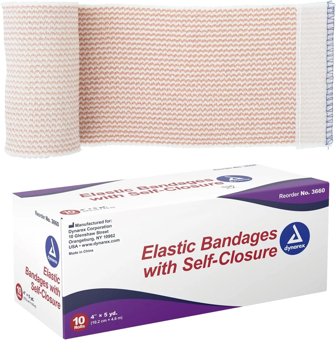 Dynarex 3660 Elastic Bandage with Self-Closure, 4" x 5 yds, Provides Compression for Injuries, Cotton, and Spandex, Non-Sterile and Latex-Free