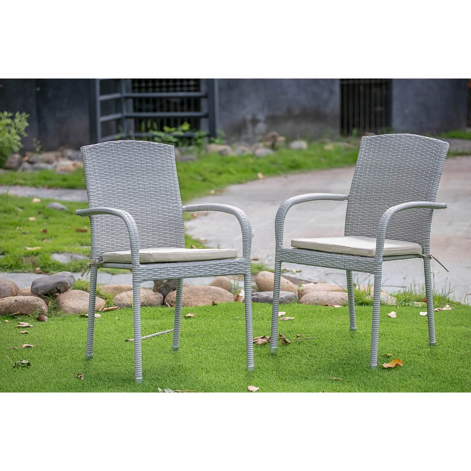 East West Furniture JULC103A Jubi Outdoor Patio Wicker Arm Chairs with Cushion, Set of 2, Natural Linen
