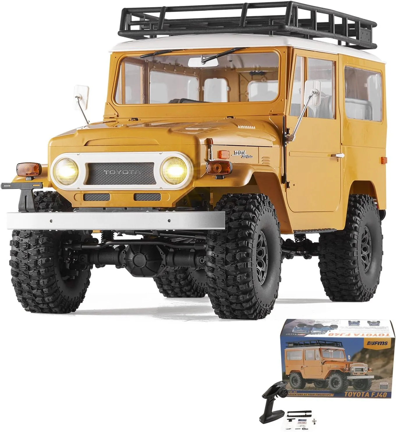 EAZYRC X FMS 1/10 Toyota Land Cruiser FJ40 RS with Licensed RC Truck Blue, All Terrain Waterproof 4WD 35T 550 Motor RC Crawler for Adult,2.4Ghz Remote Control, RS Version(Yellow)