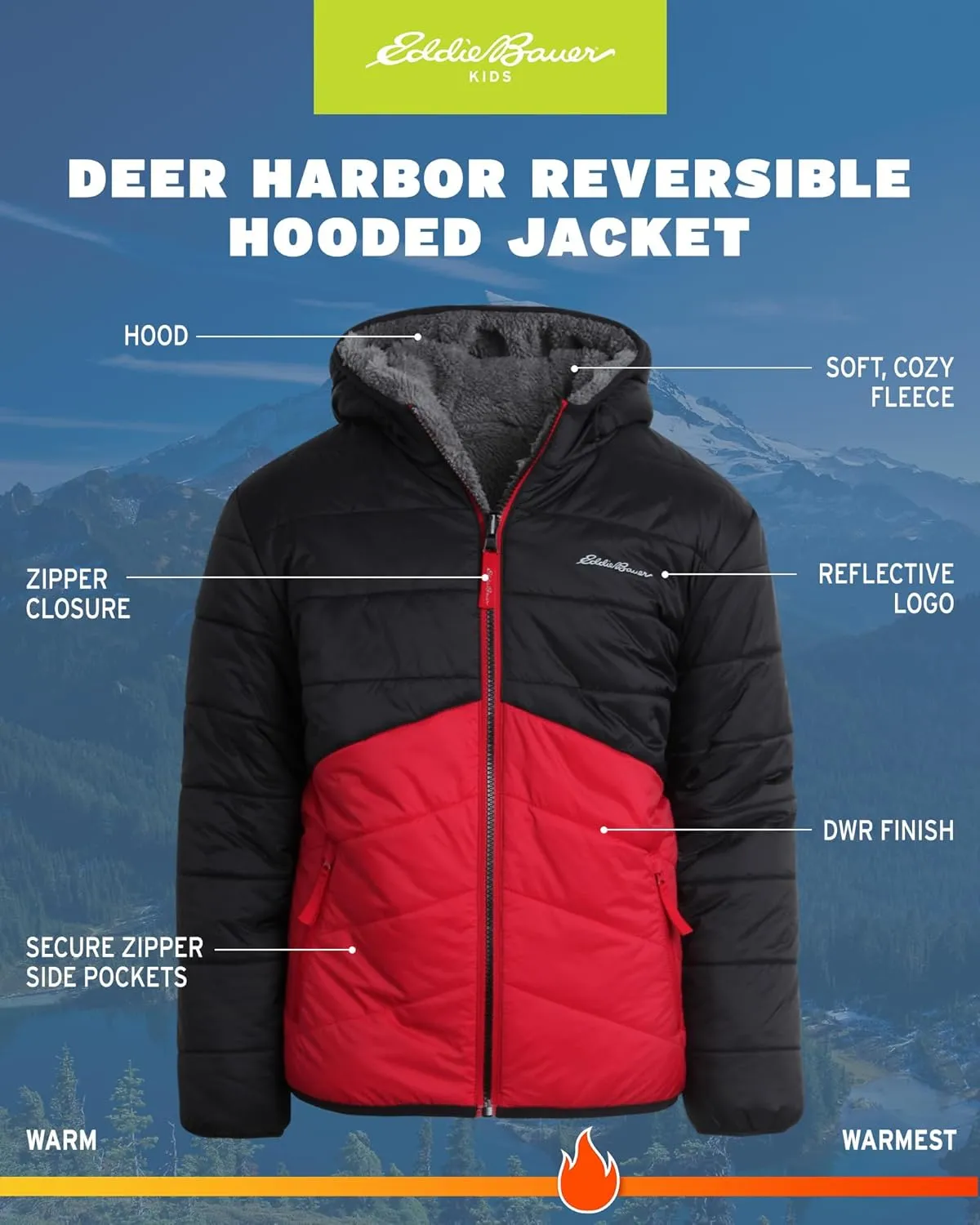Eddie Bauer Boys' Reversible Jacket - Waterproof Lightweight Fleece Lined Hooded Puffer Coat - Boys Outerwear Jacket (5-20)