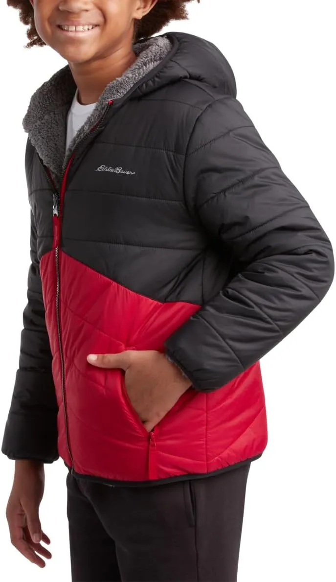 Eddie Bauer Boys' Reversible Jacket - Waterproof Lightweight Fleece Lined Hooded Puffer Coat - Boys Outerwear Jacket (5-20)