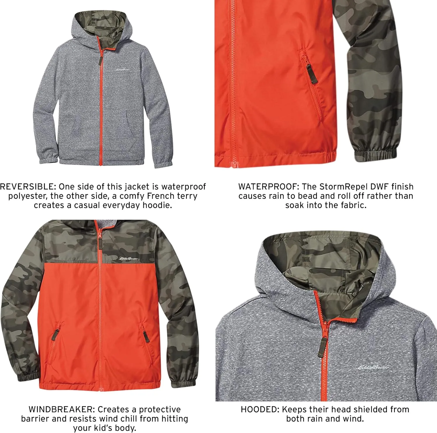 Eddie Bauer Kids Rain Jacket - 2 Pack Reversible Girls and Boys Windbreaker Jacket with Hood - Waterproof Raincoat for Kids