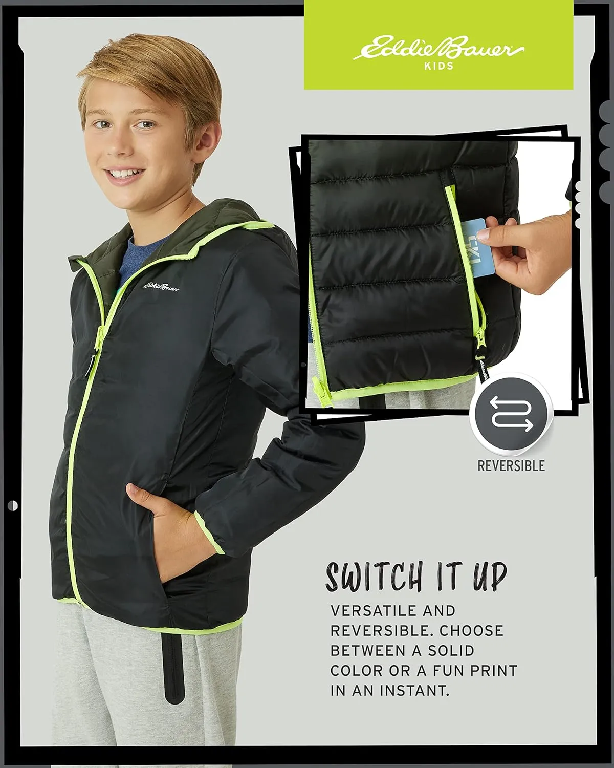 Eddie Bauer Kids' Reversible Jacket - Weather Resistant Quilted Down Coat for Boys and Girls (3-20)
