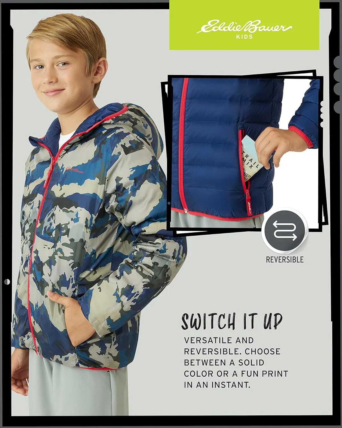 Eddie Bauer Kids' Reversible Jacket - Weather Resistant Quilted Down Coat for Boys and Girls (3-20)