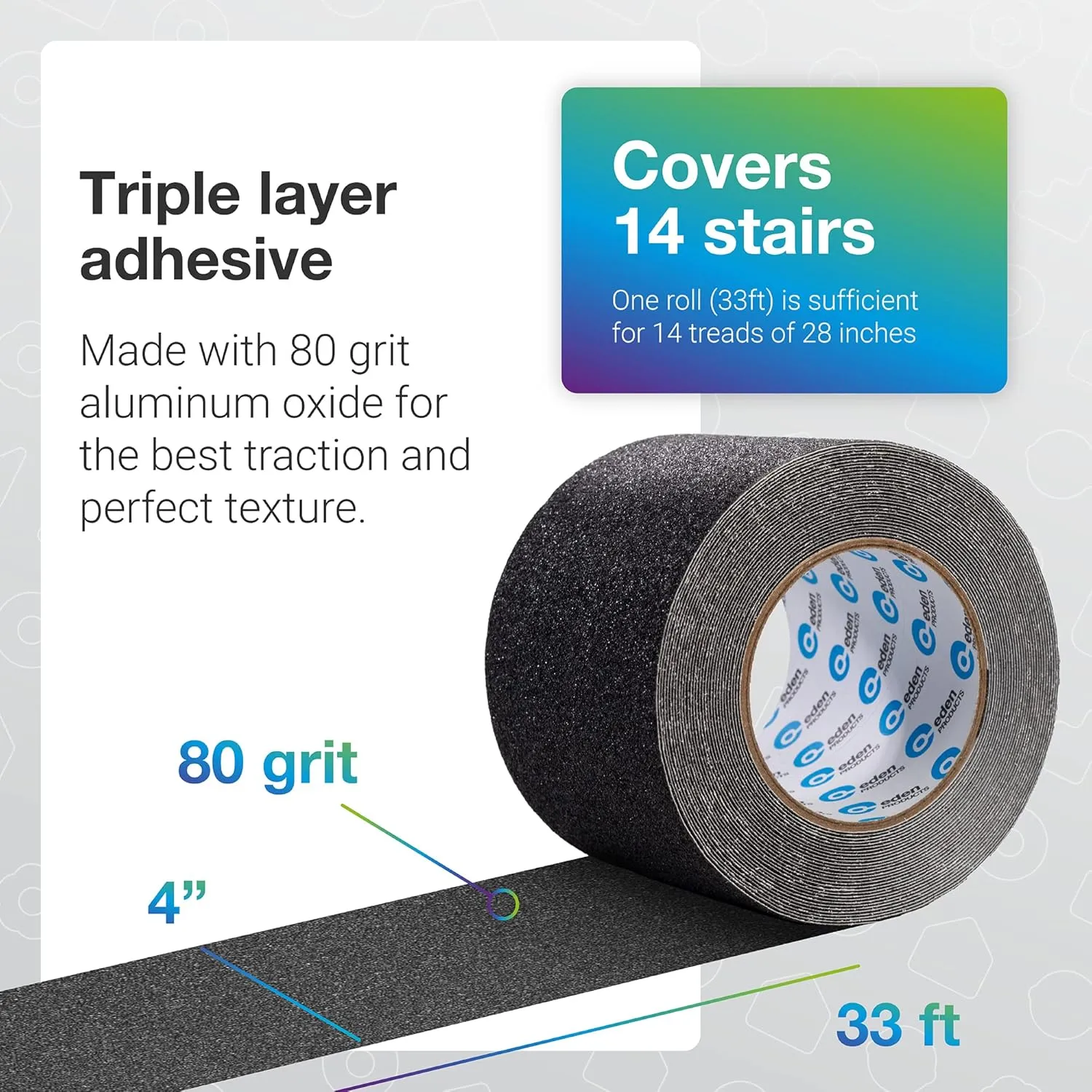 EdenProducts Heavy Duty Anti Slip Tape, 4inx33ft Traction Tape Grit Non Slip, Non-Skid, High Traction Friction Abrasive Adhesive Step Grip Tape for Skateboards Waterproof Outdoor Step Treads, 2 Pack