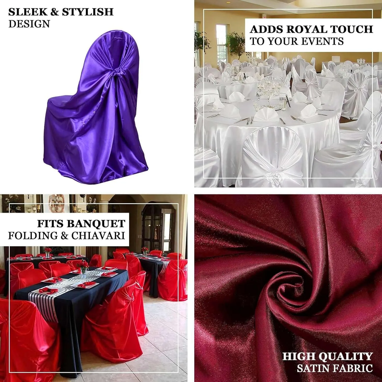 Efavormart Burgundy Chair Covers for Party 50 PCS Universal Satin Self Tie Banquet Folding Wedding Chair Cover - Fit on Most Chairs - Easy Use & Machine Wash Slipcovers for Outdoor Events
